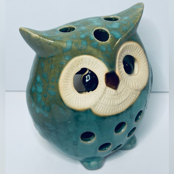 Cute Glazed Ceramic Owl 6” Tall Tea Light Votive Candle Holder Green Turquoise - Picture 2 of 6